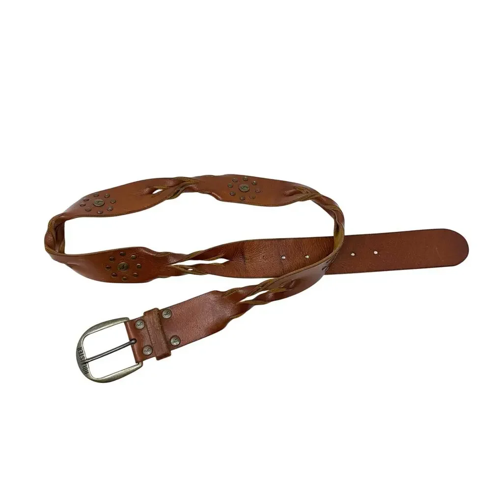 Vintage Y2K Hollister Cognac Brown Leather Belt Women's Size Large Rivet Detail
